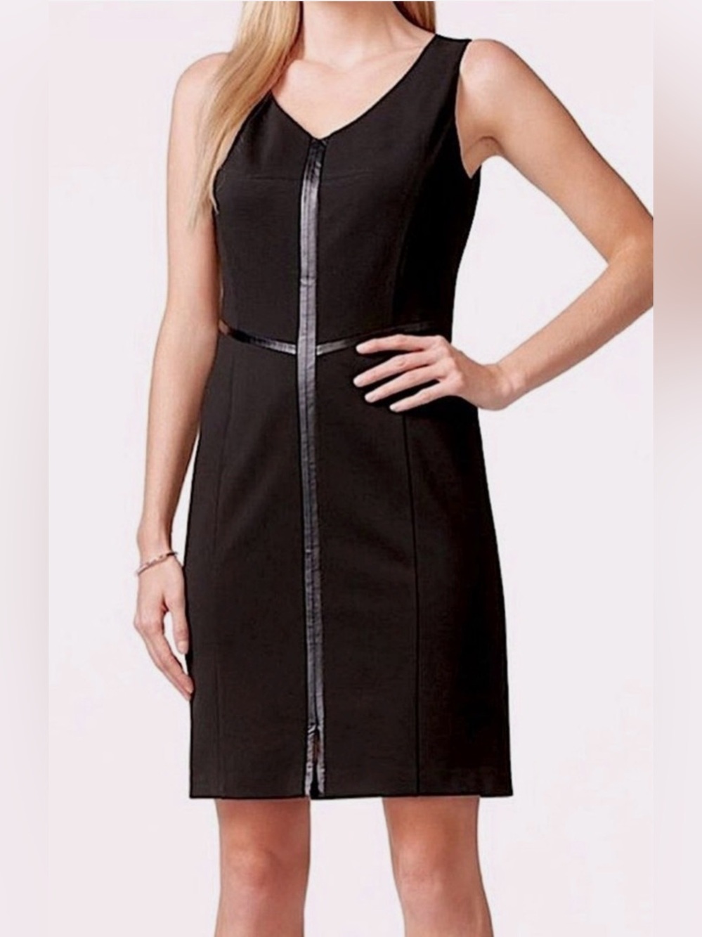 Laundry by Shelli Segal Black Faux-Leather Trim Sheath Dress